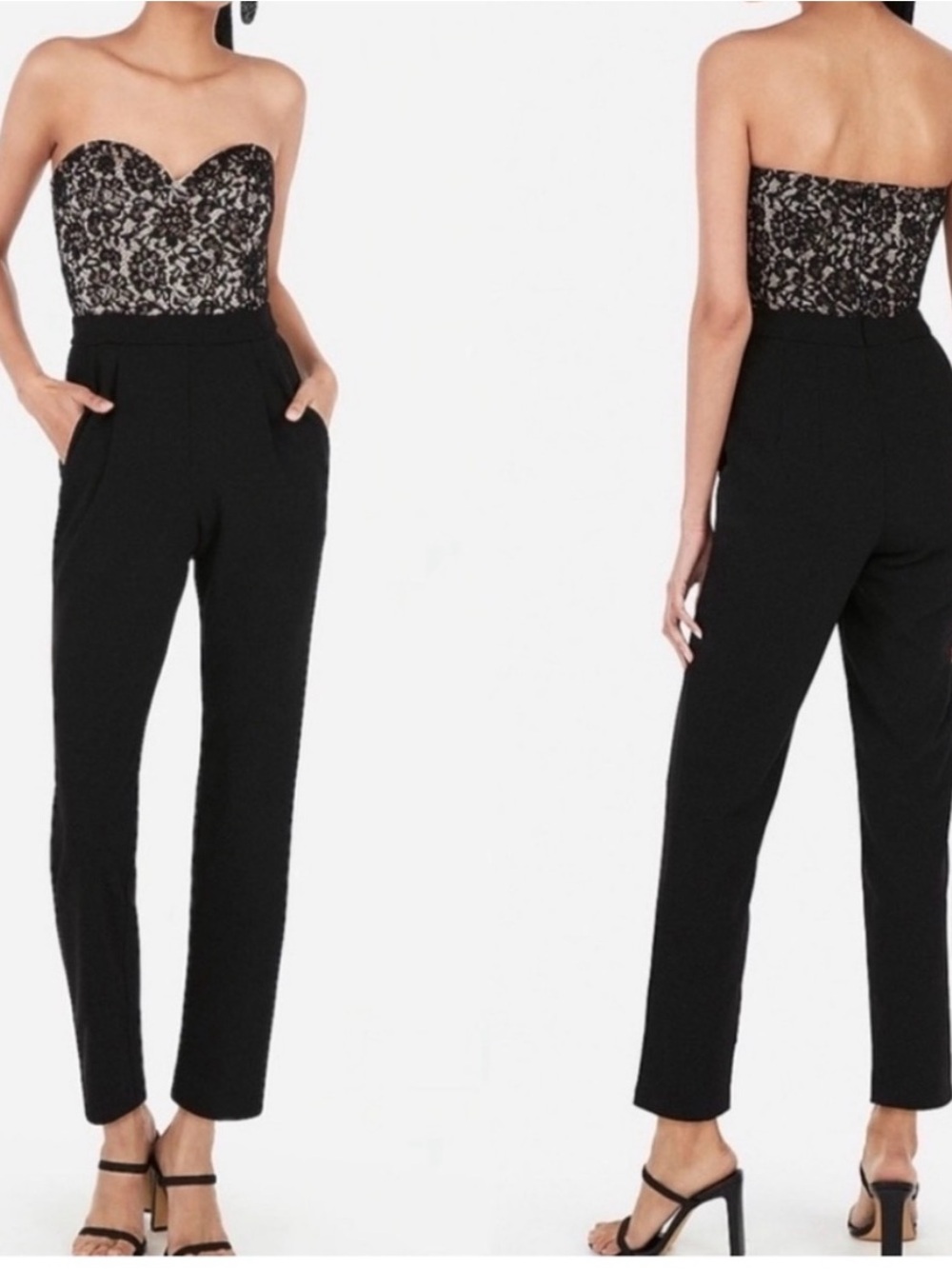 Express Strapless Black Lace-Top Jumpsuit